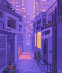 Rule 34 | animated, animated gif, balcony, cat, city, commentary, door, english commentary, leaf, mini-moss, no humans, original, outdoors, pixel art, plant, potted plant, purple theme, table, window