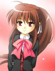 Rule 34 | 1girl, bow, brown hair, little busters!, long hair, mutsuki masato, natsume rin, pink bow, ponytail, red eyes, school uniform, solo