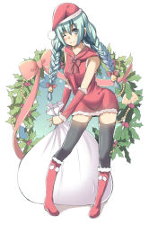 Rule 34 | 1girl, bad id, bad pixiv id, boots, braid, christmas, dress, full body, fur boots, hamuta0702, hat, hatsune miku, holly, knee boots, long hair, one eye closed, pigeon-toed, red footwear, sack, santa boots, santa hat, smile, solo, twin braids, twintails, vocaloid, white background, wreath