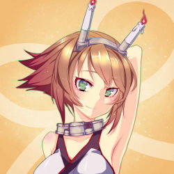 Rule 34 | 10s, 1girl, arm up, armpits, brown hair, candle, gradient background, green eyes, kantai collection, looking at viewer, mkiiiiii, mutsu (kancolle), short hair, smile, solo