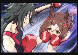 Rule 34 | 2girls, air shakur (umamusume), alternate costume, animal ears, black border, black hair, black shorts, border, boxing, boxing gloves, breasts, brown hair, clenched teeth, clover hair ornament, collarbone, commission, constricted pupils, covered mouth, dempsey roll, eye contact, fine motion (umamusume), green eyes, hair ornament, hajime no ippo, highres, horse ears, horse girl, horse tail, long hair, looking at another, mafty, motion blur, multiple girls, parody, punching, shorts, skeb commission, small breasts, speed lines, sports bra, sweat, tail, teeth, umamusume