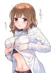 Rule 34 | 1girl, blush, bow, bow panties, bra, breasts, brown hair, buttoning, collared shirt, dressing, embarrassed, fukuroumori, highres, large breasts, long sleeves, looking at viewer, navel, nose blush, original, panties, pink eyes, purple bra, purple panties, shirt, short hair, simple background, solo, sweatdrop, translated, underwear, upper body, white background, white shirt, wing collar