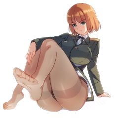 Rule 34 | 1girl, ass, black panties, black pantyhose, blush, brave witches, breasts, brown hair, curvy, feet, green eyes, gundula rall, highres, hip focus, huge ass, large breasts, legs, looking at viewer, panties, pantyhose, short hair, simple background, sitting, smile, solo, thick thighs, thighs, toes, underwear, white background, wide hips, world witches series