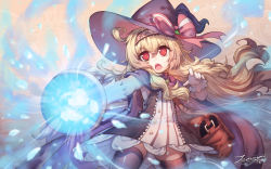 Rule 34 | 1girl, absurdres, bag, black dress, blonde hair, bow, brown thighhighs, cape, chestnut mouth, commentary request, dated, dress, gloves, glowing, hair between eyes, hat, hat bow, highres, little witch nobeta, long hair, nobeta, open mouth, orb, pink bow, purple cape, purple hat, red eyes, shoulder bag, signature, solo, striped, striped bow, tama yu, teeth, thighhighs, upper teeth only, v-shaped eyebrows, very long hair, white gloves, witch, witch hat