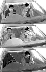 Rule 34 | 2boys, car interior, cellphone, cigarette, collared shirt, commentary, flip phone, formal, fushiguro touji, greyscale, highres, holding, holding cigarette, holding newspaper, holding phone, jacket, jj59u, jujutsu kaisen, lighting cigarette, long sleeves, loose necktie, male focus, monochrome, multiple boys, necktie, newspaper, phone, scar, scar on face, shirt, shiu kong, short hair, sitting, smoking, steering wheel, suit, suit jacket, symbol-only commentary, upper body, yawning