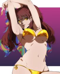 Rule 34 | 1girl, armpits, arms up, bikini, breasts, brown hair, cleavage, dark persona, earrings, eyelashes, highres, jewelry, kujikawa rise, large breasts, long hair, looking at viewer, navel, open mouth, parted lips, persona, persona 4, shadow (persona), shadow rise, smile, solo, swimsuit, teeth, twintails, twitter username, umenituru, underboob, upper teeth only, yellow bikini, yellow eyes