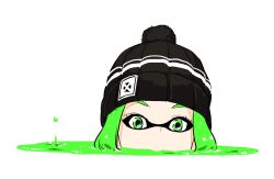 Rule 34 | 1girl, beanie, black hat, covered mouth, eyelashes, face, facing viewer, green eyes, green hair, hat, highres, inkling, inkling girl, inkling player character, looking at viewer, matching hair/eyes, nintendo, obscured, partially submerged, poaro, pom pom (clothes), puddle, simple background, solo, splatoon (series), splatoon 1, water drop, white background