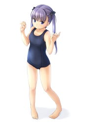 Rule 34 | 1girl, blue one-piece swimsuit, flat chest, from above, full body, highres, long hair, old school swimsuit, one-piece swimsuit, original, purple hair, school swimsuit, shibacha, simple background, solo, standing, swimsuit, twintails, white background