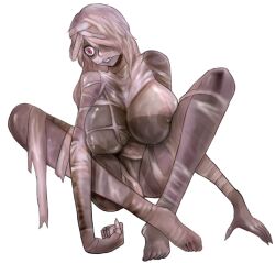 Rule 34 | 1girl, bandaged arm, bandaged foot, bandaged head, bandaged leg, bandaged wrist, bandages, barefoot, bmp-to-png conversion, breasts, clenched teeth, crossed ankles, feet, frederika (mon-musu quest!), full body, game cg, hair over one eye, huge breasts, large areolae, long arms, long legs, missing tooth, mon-musu quest!, naked bandage, nipples, non-web source, nude, pale skin, patchwork skin, purple eyes, simple background, sitting, solo, spread legs, teeth, toes, transparent background, un do, white hair, wide-eyed, zombie