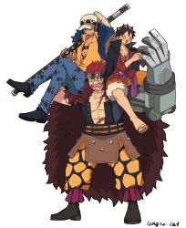 Rule 34 | 3boys, absurdres, annoyed, black hair, cape, carrying over shoulder, eustass kid, fur cape, hat, highres, holding, holding sword, holding weapon, jacket, jacket on shoulders, crossed legs, male focus, mechanical arms, monkey d. luffy, multiple boys, ngtvcat, one piece, red hair, sheath, sheathed, single mechanical arm, sitting on shoulder, sword, trafalgar law, weapon