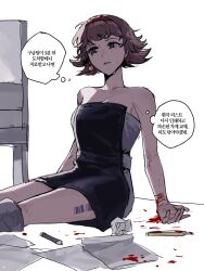 Rule 34 | 1girl, barcode, bare arms, bare shoulders, bed, black dress, blood, boots, boxcutter, brown eyes, brown hair, commentary, cowboy shot, crumpled paper, crying, dress, grey footwear, gyeol 124, highres, hospital bed, korean text, leg tattoo, looking to the side, mesmer jr., on ground, paper, parted lips, pencil, reverse:1999, scar, scar on arm, self-harm scar, short dress, short hair, sitting, solo, strapless, strapless dress, streaming tears, symbol-only commentary, tattoo, tears, thigh boots, thought bubble, translation request, tube dress, white background, wrapping paper, wrist cutting