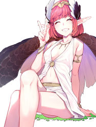 Rule 34 | 1girl, alternate hair length, alternate hairstyle, bare shoulders, blush, breasts, circe (fate), commentary request, fate/grand order, fate (series), feathered wings, grin, head wings, highres, jewelry, mikan (chipstar182), navel, pink hair, pointy ears, short hair, simple background, sitting, skirt, small breasts, smile, solo, v, white background, white skirt, wings