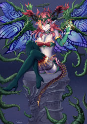 Rule 34 | 1girl, bare shoulders, blue thighhighs, boots, breasts, butterfly wings, cleavage, crown, demon girl, demon tail, elbow gloves, gloves, green eyes, hera-beorc (p&amp;d), hera (p&amp;d), high heel boots, high heels, insect wings, large breasts, mewwuwu, multicolored hair, orange hair, plant, pointy ears, puzzle &amp; dragons, red hair, smile, tail, thigh boots, thighhighs, vines, wings