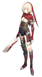 Rule 34 | 1girl, asymmetrical legwear, bad id, bad twitter id, belt, blood, bloody weapon, boots, breasts, brown belt, brown footwear, commentary request, dagger, fingerless gloves, full body, gloves, grey hair, hatchet, highres, holding, holding sword, holding weapon, km yama, knife, looking at viewer, original, red eyes, red gloves, red headwear, simple background, solo, standing, sword, thigh strap, thighhighs, uneven legwear, weapon, white background, zettai ryouiki
