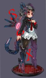 Rule 34 | 1girl, android, armor, bad id, bad pixiv id, black hair, black pantyhose, boots, cropped jacket, english text, engrish text, full body, greaves, headphones, high heels, highres, long hair, necktie, original, pantyhose, ponytail, ranguage, red eyes, shoes, simple background, solo, tail, tattoo, thigh boots, thighhighs, unkq