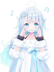 Rule 34 | 1girl, ahoge, amatsuka uto, bare shoulders, beamed eighth notes, blue eyes, blue hair, blush, breasts, cleavage, collarbone, commentary, covered mouth, deyui, dress, eighth note, english commentary, gradient hair, hair ornament, hairclip, harmonica, highres, holding, holding instrument, indie virtual youtuber, instrument, long hair, long sleeves, looking at viewer, multicolored hair, musical note, off-shoulder dress, off shoulder, pleated dress, puffy long sleeves, puffy sleeves, silver hair, simple background, small breasts, solo, two side up, very long hair, virtual youtuber, white background, white dress, wing hair ornament