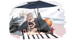Rule 34 | 1girl, absurdres, alternate costume, anklet, arknights, ball, bare legs, bare shoulders, barefoot, beach, beach mat, beachball, bikini, black bikini, breasts, can, chinese commentary, choker, circular saw, commentary request, drink can, fishing rod, full body, grey hair, hair ornament, hand on own chest, highres, huge filesize, infection monitor (arknights), jewelry, long hair, looking at viewer, medium breasts, orca, parted lips, red eyes, rhodes island logo (arknights), saw, shangguan le hei, sitting, smile, soda bottle, soda can, solo, specter (arknights), stomach, stuffed animal, stuffed shark, stuffed toy, surfboard, swimsuit, thigh strap, thighs, transparent background, umbrella, very long hair, wariza, weapon