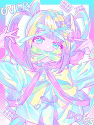 Rule 34 | 1girl, absurdres, blister pack, blonde hair, blue bow, blue eyes, blue hair, blue nails, blue ribbon, blue shirt, blunt bangs, bow, chinese commentary, chouzetsusaikawa tenshi-chan, collaboration, collaboration request, colorful, commentary request, covered mouth, fadesir, hair bow, hair ornament, hands up, heart, heart hair ornament, highres, holographic clothing, long hair, long sleeves, looking at viewer, multicolored hair, multicolored nails, needy girl overdose, pill, pink bow, pink hair, pink nails, purple bow, quad tails, ribbon, sailor collar, school uniform, serafuku, shirt, solo, sparkle, twintails, upper body, very long hair, yellow bow, yellow nails, yellow ribbon