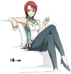 Rule 34 | 00s, 1girl, armpits, bare shoulders, blue scarf, breasts, cleavage, crossed legs, full body, high heels, juliet nao zhang, looking at viewer, my-otome, pants, scarf, shirt, simple background, sitting, sleeveless, sleeveless shirt, solo, white background, white shirt