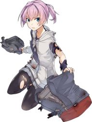 Rule 34 | 1girl, backpack, bag, blue eyes, from above, kantai collection, kneehighs, konishi (koconatu), official art, open bag, pantyhose, pocket, ponytail, purple hair, shiranui (kancolle), shoes, short hair, shorts, simple background, socks, sweater, torn clothes, transparent background, turret