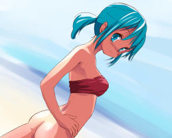 Rule 34 | 1girl, ass, bandeau, blue eyes, blue hair, bottomless, bra, dutch angle, from behind, hand on own hip, hip focus, lingerie, looking back, matching hair/eyes, no panties, original, ponytail, solo, st+1, strapless, tube top, underwear, wallpaper
