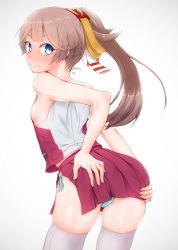 Rule 34 | 1girl, blue eyes, blue panties, blush, breasts, brown hair, commentary request, from behind, gradient background, grey thighhighs, hair ribbon, highres, kantai collection, kazagumo (kancolle), kazagumo kai ni (kancolle), leaning forward, long hair, looking at viewer, namiki kojiro, nose blush, panties, pleated skirt, ponytail, purple skirt, ribbon, side-tie panties, skirt, small breasts, solo, surprised, thighhighs, underwear, vest, white background