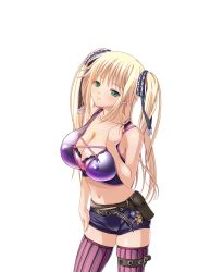 Rule 34 | blonde hair, blush, bra, breasts, cleavage, covered erect nipples, frills, huge breasts, kyonyuu majo, shorts, tenma cecile, thighhighs, twintails, underwear