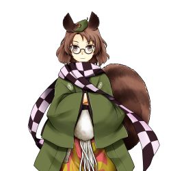 Rule 34 | 1girl, :3, animal ears, brown eyes, brown hair, clearfile, futatsuiwa mamizou, glasses, hands in opposite sleeves, haori, japanese clothes, leaf, leaf on head, object on head, pince-nez, raccoon ears, raccoon tail, scarf, tail, touhou, transparent background