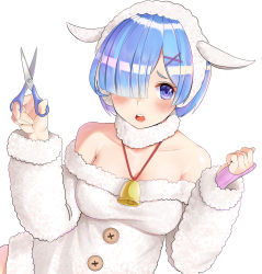 Rule 34 | 1girl, akamahura, animal costume, bad id, bad pixiv id, bare shoulders, bell, blue eyes, blue hair, blush, breasts, collarbone, commentary request, dress, fur collar, fur trim, hair ornament, hair over one eye, highres, holding, holding scissors, long sleeves, looking at viewer, off-shoulder dress, off shoulder, open mouth, re:zero kara hajimeru isekai seikatsu, rem (re:zero), scissors, sheep costume, sheep hair ornament, short hair, simple background, solo, white background, white dress, x hair ornament