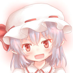 Rule 34 | 1girl, blush, bow, fang, hat, hat bow, light purple hair, mob cap, open mouth, pointy ears, portrait, red eyes, remilia scarlet, shize (coletti), solo, touhou