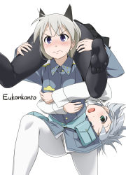 Rule 34 | 2girls, 3:, 3:&lt;, black legwear, blush, carrying, eila ilmatar juutilainen, feet, finnish text, green eyes, long hair, military, military uniform, multiple girls, no shoes, open mouth, pantyhose, purple eyes, sanya v. litvyak, short hair, shoulder carry, silver hair, soles, strike witches, sweat, toes, uniform, v-shaped eyebrows, white legwear, world witches series, youkan