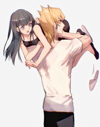 Rule 34 | 1boy, 1girl, alternate costume, black dress, black hair, black pants, black socks, blonde hair, blue eyes, blush, carly nagisa, carrying, carrying person, dress, earrings, expressionless, fireman&#039;s carry, grey background, hand on another&#039;s back, hand on another&#039;s shoulder, hetero, highres, jack atlas, jewelry, long hair, naoki (2rzmcaizerails6), open mouth, pants, shirt, short hair with long locks, simple background, slippers, socks, spaghetti strap, spiked hair, standing, stud earrings, t-shirt, white shirt, yu-gi-oh!, yu-gi-oh! 5d&#039;s