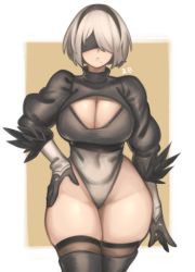 Rule 34 | 1girl, absurdres, belly, blindfold, breasts, cleavage, cleavage cutout, clothing cutout, commentary, hairband, hand on own hip, highres, kelvin hiu, large breasts, leotard, looking at viewer, mole, mole under mouth, narrow waist, nier:automata, nier (series), parted lips, short hair, solo, thick thighs, thighs, white hair, white leotard, wide hips, 2b (nier:automata)