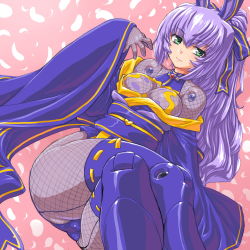Rule 34 | 10s, 1girl, alternate color, altrene, bad id, bad pixiv id, bodystocking, breasts, busou shinki, cleavage, dd (ijigendd), doll joints, fishnets, green eyes, japanese clothes, joints, kimono, long hair, off shoulder, petals, ponytail, purple hair, smile, solo, thighhighs