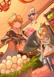 Rule 34 | 1boy, 2girls, aether (genshin impact), afureru colors, blonde hair, brother and sister, commentary, cooking, dress, egg (food), flower, food, genshin impact, hair flower, hair ornament, highres, jar, long hair, lumine (genshin impact), multiple girls, paimon (genshin impact), siblings, white dress, white hair