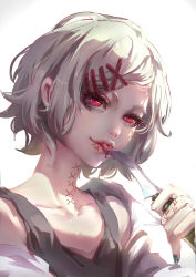 Rule 34 | 10s, 1boy, absurdres, blood, eyelashes, face, hair ornament, hairclip, highres, knife, licking, lips, looking at viewer, male focus, neck, piercing, red eyes, short hair, solo, stitches, suzuya juuzou, tank top, tokyo ghoul, tokyo ghoul:re, tongue, tongue out, white hair, yuiko (yuiko33miao)