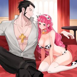 Rule 34 | 1boy, 1girl, abs, animal ears, animal print, beard, bell, bikini, black eyes, black hair, black pants, blunt bangs, blush, breasts, cleavage, collar, commentary request, cow ears, cow print, cross, cross necklace, dracule mihawk, expressionless, facial hair, fake animal ears, gold, jewelry, joman, kneeling, korean commentary, large breasts, large pectorals, long hair, muscular, mustache, neck bell, necklace, one piece, open clothes, open mouth, open shirt, orange eyes, pants, pectorals, perona, pink hair, shirt, short hair, swimsuit, table, thick thighs, thighhighs, thighs, very long hair, white shirt, wide hips