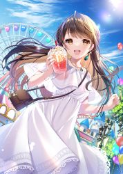 Rule 34 | 1girl, :d, absurdres, amusement park, bag, balloon, blue sky, bracelet, brown eyes, brown hair, castle, cloud, commentary request, cup, day, disposable cup, dress, drink, drinking straw, earrings, ferris wheel, hair blowing, handbag, highres, holding, holding drink, jewelry, koyama sao, lamppost, long hair, looking at viewer, necklace, open mouth, original, outdoors, sky, smile, solo, teeth, tree, upper teeth only, white dress