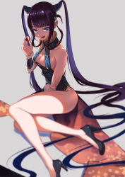 Rule 34 | 1girl, absurdly long hair, ball, bare shoulders, black dress, black footwear, blue eyes, blunt bangs, breasts, china dress, chinese clothes, closed mouth, detached sleeves, dress, fate/grand order, fate (series), fur trim, grey background, hair ornament, halter dress, halterneck, high heels, kainown, legs, long hair, looking at viewer, medium breasts, no bra, purple hair, revealing clothes, shoes, side slit, sitting, smile, solo, twintails, very long hair, yang guifei (fate), yang guifei (second ascension) (fate), yokozuwari