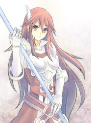 Rule 34 | 1girl, armor, breasts, breasts apart, cordelia (fire emblem), feather hair ornament, feathers, fire emblem, fire emblem awakening, floating hair, gauntlets, hair between eyes, hair ornament, holding, holding weapon, long hair, looking at viewer, medium breasts, nintendo, pauldrons, polearm, red eyes, red hair, shoulder armor, sketch, smile, solo, standing, very long hair, weapon, white background, white feathers