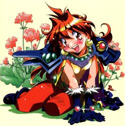 Rule 34 | 1girl, araizumi rui, arm support, armor, blush, cape, fang, flower, fur trim, gloves, headband, lina inverse, open mouth, pauldrons, red eyes, red hair, shoulder armor, simple background, sitting, slayers, solo, yellow background, yokozuwari