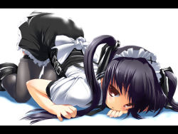 Rule 34 | 1girl, black hair, duplicate, hima, kooh, letterboxed, long hair, maid, maid headdress, pangya, red eyes, simple background, skirt, solo, thighhighs, top-down bottom-up, twintails, white background