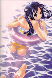 Rule 34 | 1girl, afloat, ass, bare shoulders, barefoot, black hair, blue eyes, blue hair, blush, bracelet, casual one-piece swimsuit, feet, flower, frilled swimsuit, frills, from behind, hair flower, hair ornament, innertube, jewelry, kawata hisashi, light rays, long hair, looking back, matching hair/eyes, mizuki mana, one-piece swimsuit, open mouth, scan, soles, solo, sunbeam, sunlight, swim ring, swimming, swimsuit, twintails, water, wedgie, wet, white album, white album (series)