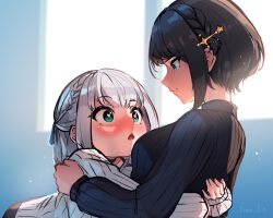 Rule 34 | 2girls, artist name, bent over, black hair, black sweater, blush, chestnut mouth, commentary, english commentary, fian f.n, from side, green eyes, grey hair, heart, heart-shaped pupils, hololive, hug, looking at another, multiple girls, oozora subaru, open mouth, profile, ribbed sweater, shirogane noel, shirogane noel (casual), simple background, smile, sweater, symbol-shaped pupils, upper body, virtual youtuber, white sweater, wide-eyed, yuri