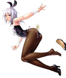 Rule 34 | 1girl, absurdres, action taimanin, amamiya shisui, animal ears, armpits, ass, bare shoulders, black footwear, breasts, brown eyes, detached collar, fake animal ears, feet, female focus, full body, high heels, highres, leotard, lilith-soft, looking at viewer, looking back, medium breasts, official art, outdoors, pantyhose, playboy bunny, rabbit ears, rabbit tail, sano toshihide, shiny clothes, shoes, unworn shoes, simple background, single shoe, solo, strapless, strapless leotard, tail, taimanin (series), taimanin asagi kessen arena, taimanin rpgx, white background, white hair, wrist cuffs