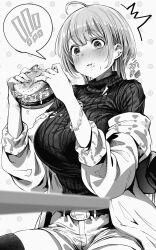 Rule 34 | !, 1girl, absurdres, ahoge, belt, blush, bracelet, breasts, burger, chair, drooling, food, food on clothes, food on face, gibagiba, greyscale, highres, holding, holding food, jacket, jewelry, large breasts, long sleeves, monochrome, nose blush, off shoulder, open clothes, open jacket, open mouth, original, polka dot, polka dot background, saliva, short hair, short shorts, shorts, sitting, solo, speech bubble, spoken exclamation mark, thighhighs