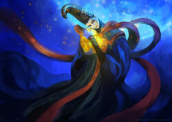 Rule 34 | 1girl, black hair, blue background, brooch, commentary, dress, elden ring, english commentary, gem, glowing, glowing gem, gold, hands up, hat, jewelry, long sleeves, rennala queen of the full moon, robe, simple background, sleeves past wrists, solo, victor garcia, wide sleeves, wizard hat