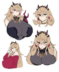 Rule 34 | 1girl, barghest (fate), blonde hair, breasts, fate/grand order, fate (series), gigantic breasts, heterochromia, highres, horns, huge breasts, imuzi, looking at viewer, multicolored eyes, muscular, muscular female, sweater, white background