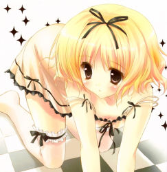 Rule 34 | 1girl, blonde hair, brown eyes, checkered floor, cropped, hair ribbon, perspective, ribbon, ryouka (suzuya), solo, thighhighs