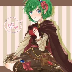 Rule 34 | 1girl, absurdres, artist request, bad id, bad twitter id, blue eyes, blush, cape, chocolate, fire emblem, fire emblem: the blazing blade, fire emblem heroes, green hair, hairband, highres, looking at viewer, nino (fire emblem), nintendo, short hair, skirt, smile, solo